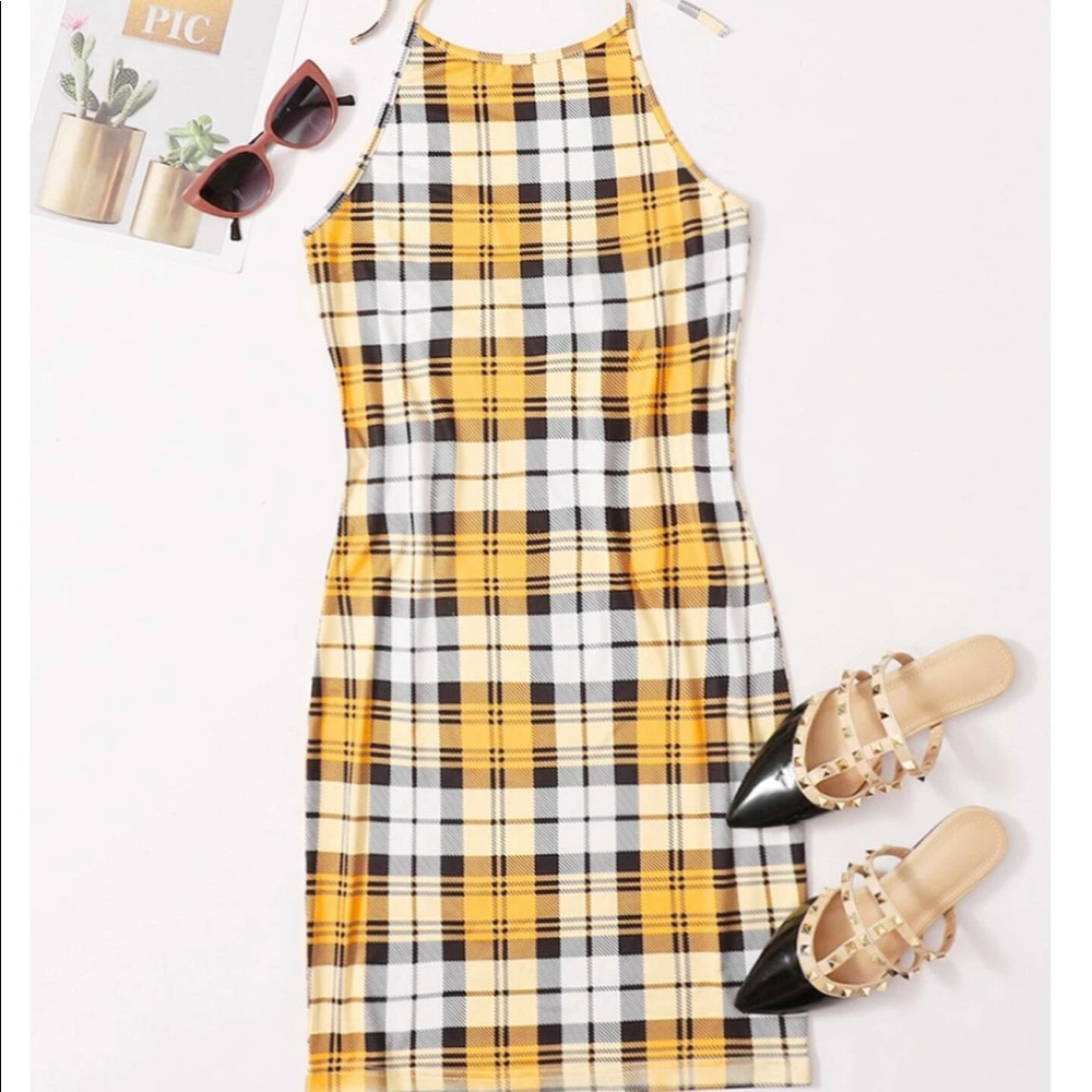 SHEIN Tie Back Plaid Halter Dress yellow Cher clueless 90s y2k vibes XS